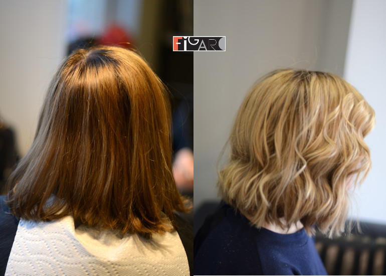 Before hair color correction and After Correction to Balayage Caramel. All work done by Award Winning color technician Elena Bogdanets